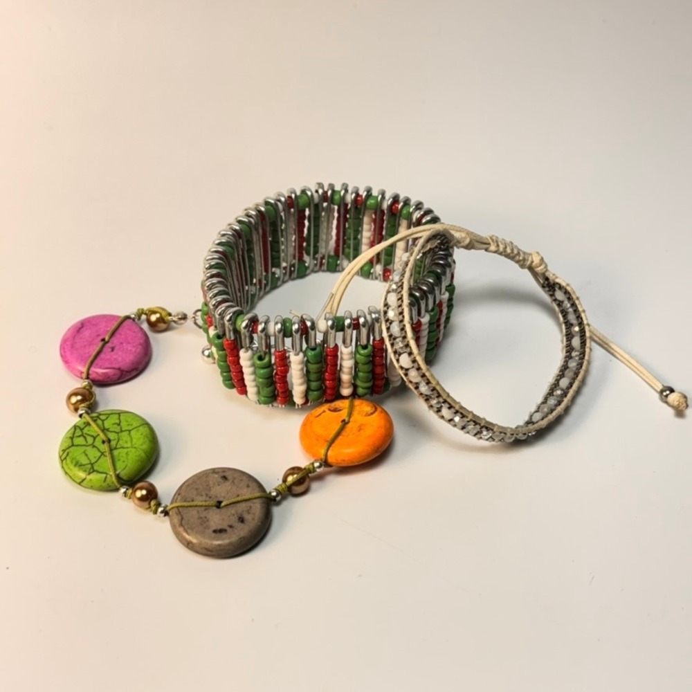 Mixed Bracelet Set Multicolor Safety Pin‎ Bead Woven Cord Faux Stone Disc Boho